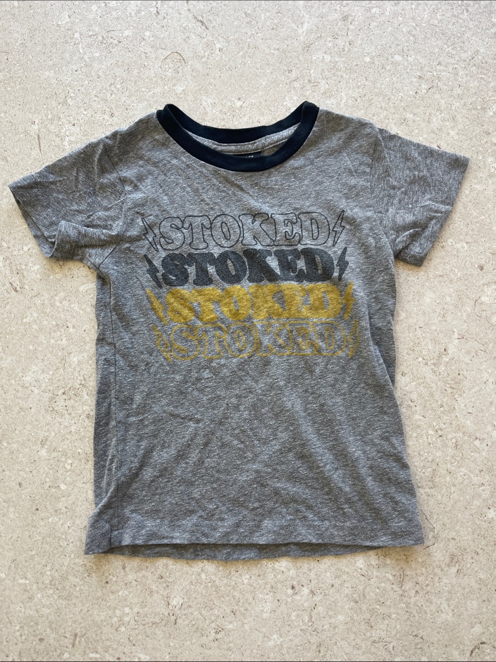 Gray 'Stoked' Graphic Ringer Tee with Navy Trim
